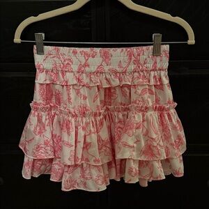 Ruffled Floral Mini Skirt - Pink on White